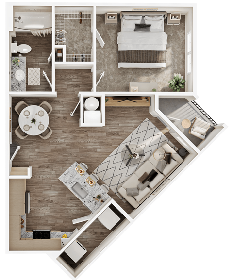 Floor plan for 1 bed, 1 bath, 737 sqft